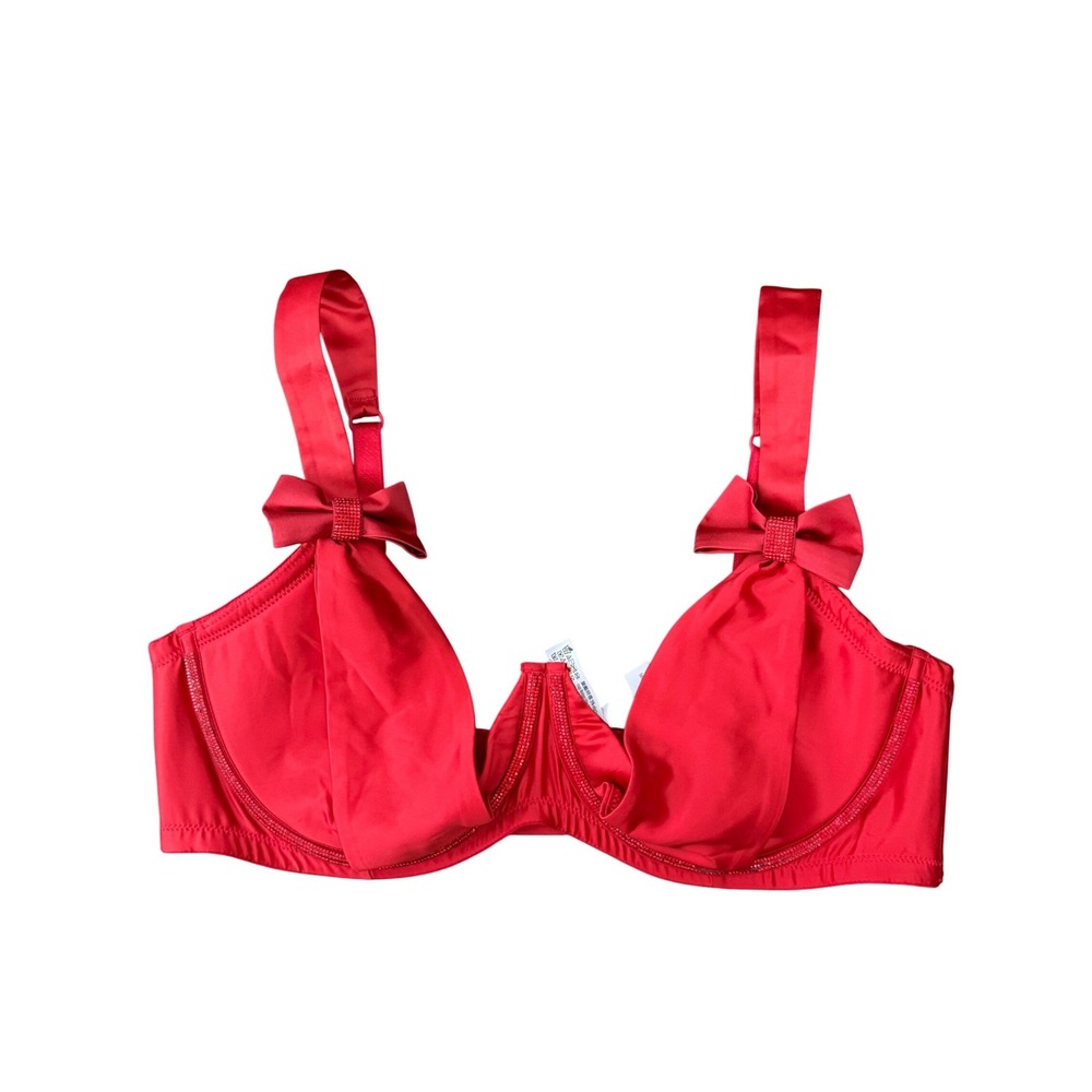 Victoria's Secret‎ Red Satin Rhinestone Bow Unlined Demi Bra M-DD NEW Romantic